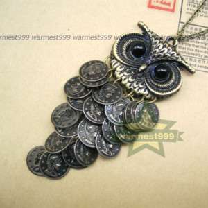 Antique belly dance bronze coin owl pendant necklace  