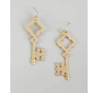 Kenneth Jay Lane gold and crystal hammered key earrings