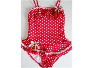   Girls Red Cherry Polka Dots Skirted Tutu One Pc Swimsuits 2T 6X  