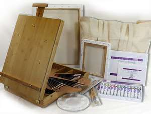 New Table Sketch Box Easel Set w/ Oil & Acrylic Paints  