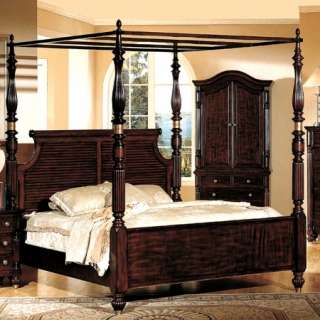 Contemporary Asian Style Mahogany Brown King Canopy Poster Bed Only