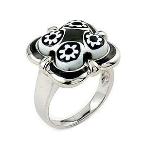   Silver Blk/wht Murano Millefiori Flower Ring   RingSize 6 Jewelry