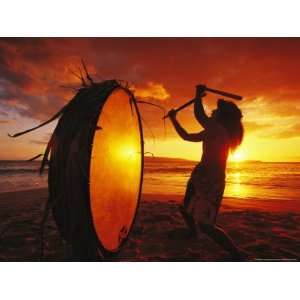 Native Hawaiian Man Beats His Drum on Makena Beach at Sunset National 
