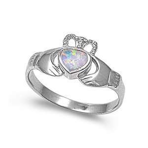 Sterling Silver Ring with White Lab Created Opal   Claddagh   10mm x 
