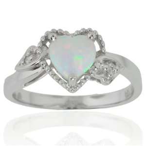  14k White Gold Heart Created Opal and Diamond Ring (.02 