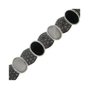   Silver Marcasite Mother of Pearl and Black Onyx Oval Bracelet Jewelry