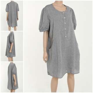 Comfortable thin denim cotton tunic round neck front button onepiece 