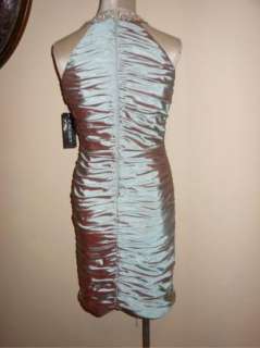 NWT Cachet Ruched Taffeta Jeweled Neck Cocktail Dress 4 $180 Silver 