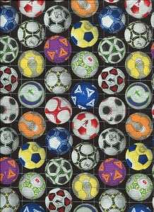 SPORTS MULTICOLORED SOCCER BALLS BLACK Cotton Fabric BTY for Quilting 