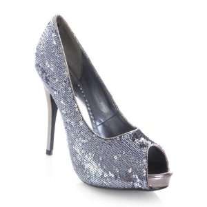  Silver Sequin Sparkle Sexy Peep Toe High Heels 8.0 M 