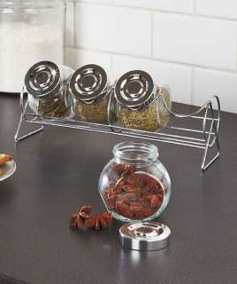   Canister and Rack Set Perfect Seal Silver Lids Spice Desk Storage