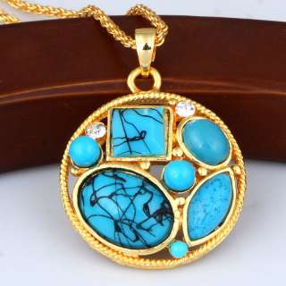 round square turquoise bead gold plated yellow chain earrings necklace 
