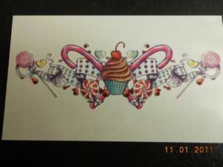 CUPCAKE WITH CHERRY, CANDY CANE, & LOLLIPOPS LOW BACK TEMPORARY TATTOO 