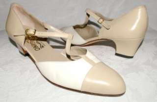   Ferragamo Ivory & Taupe Leather T Strap Heels Womens 8.5 AA  