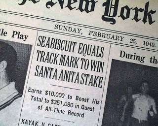   SEABISCUIT Thoroughbred Last RACE Win Santa Anita Hand 1940 Newspaper