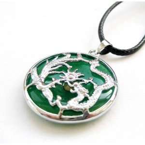   Green Jade Circle Shape Silver Tone Dragon Phoenix Pendant Necklace