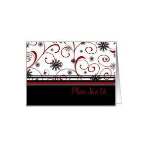   Caroling Party Invitation Card   Black Red White Swirls & Snow Card