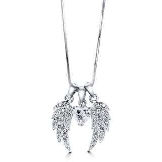SILVER TONE ANGEL WINGS CZ STONE PENDANT NECKLACE  