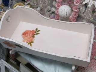 SHABBY WOODEN DOLL CRADLE with ROSE APPLIQUES~Cottage~Chic~Country 