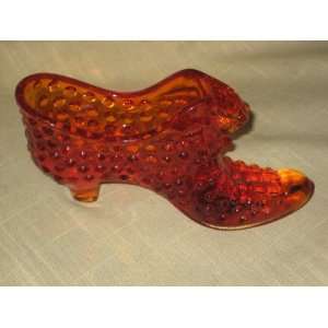 Vintage Fenton Hobnail Red/Yellow Glass Shoe Boot w/ Cat Head   5 1/2 